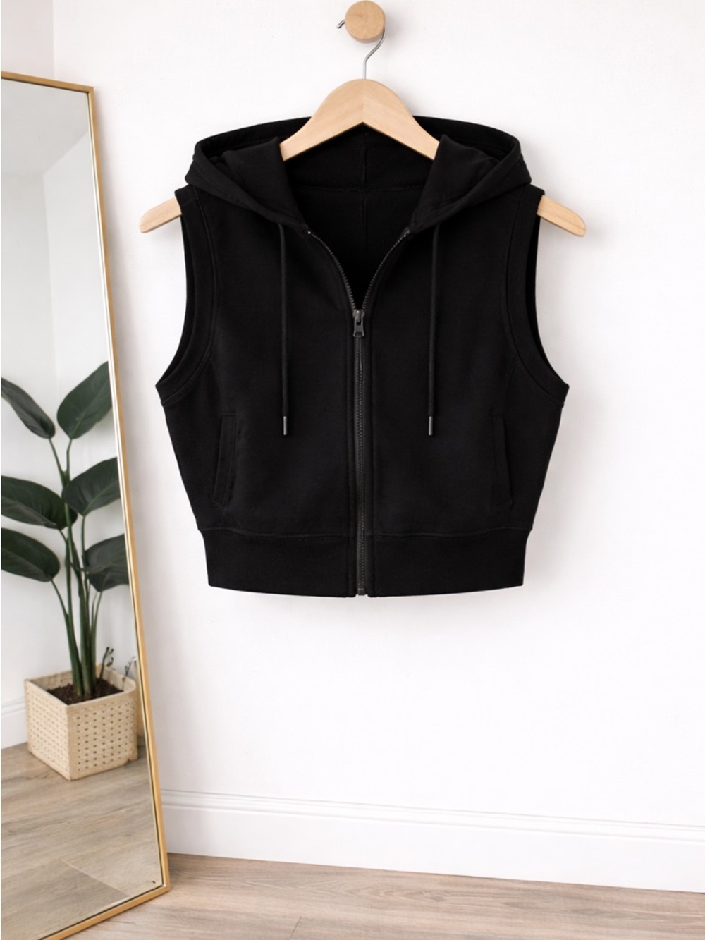 Mono B Black Sleeveless Zip-Up Hooded Vest